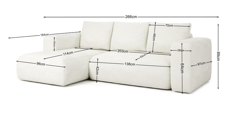 LAMBI Corner Sofa Bed with multicolored upholstery, dimensions 89cm height, 164cm length, 266cm width, versatile sofa-bed combo.