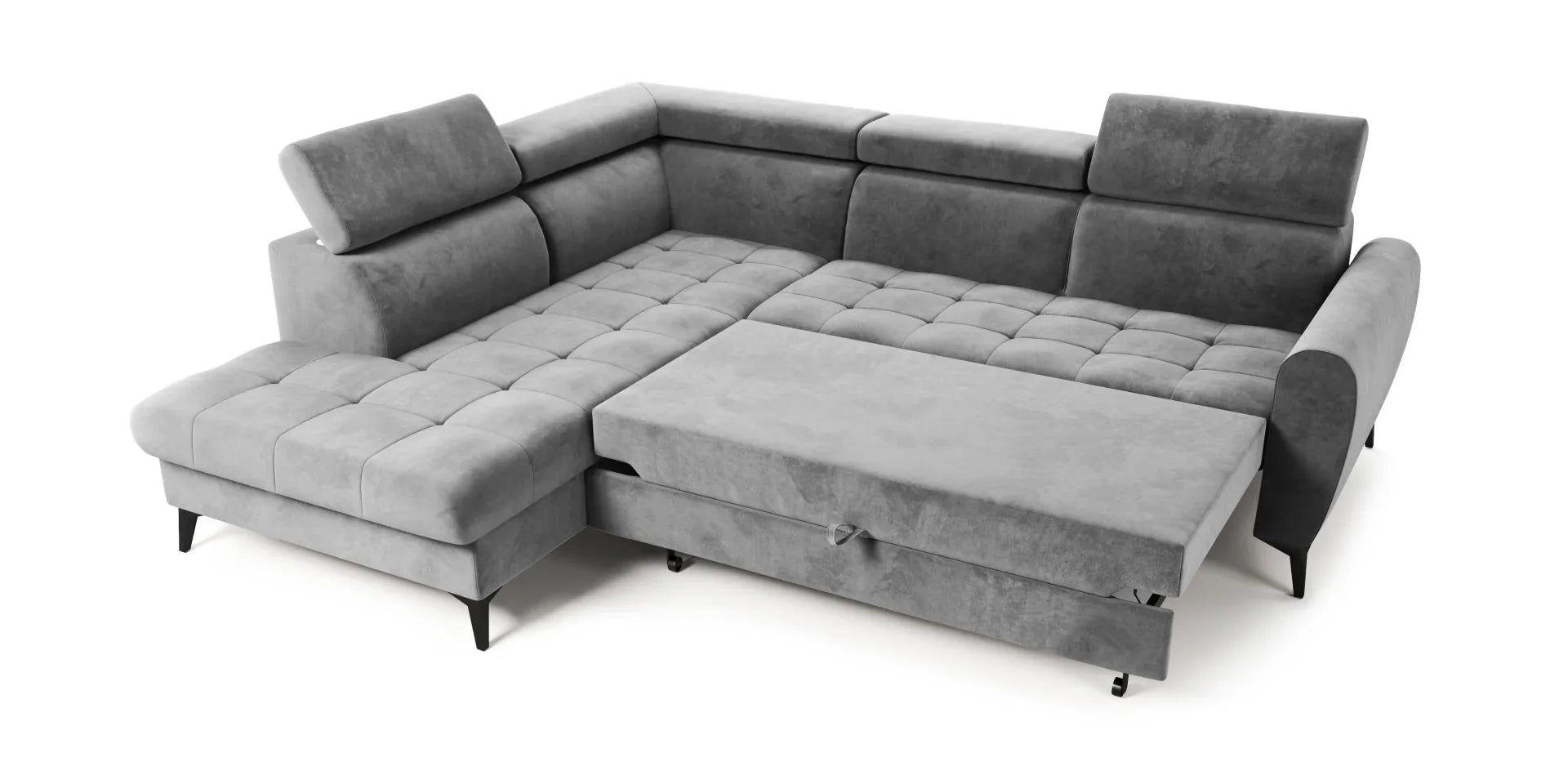 BJORN L Corner Sofa Bed with adjustable headrests and quilted seats in velour Monolith fabric.