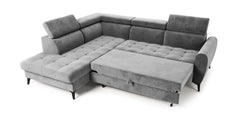 BJORN L Corner Sofa Bed with adjustable headrests and quilted seats in velour Monolith fabric.