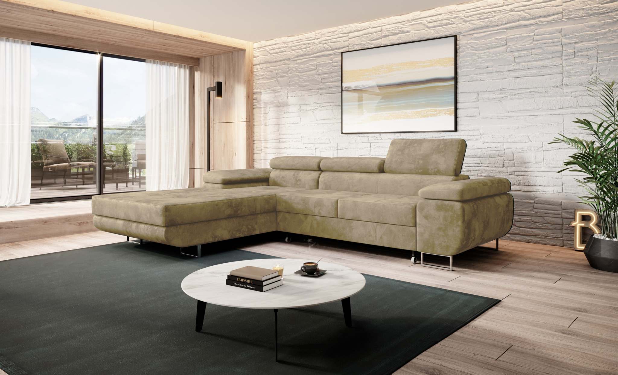 NORBERG Corner Sofa Bed in modern living room setting with light streaming through large windows.