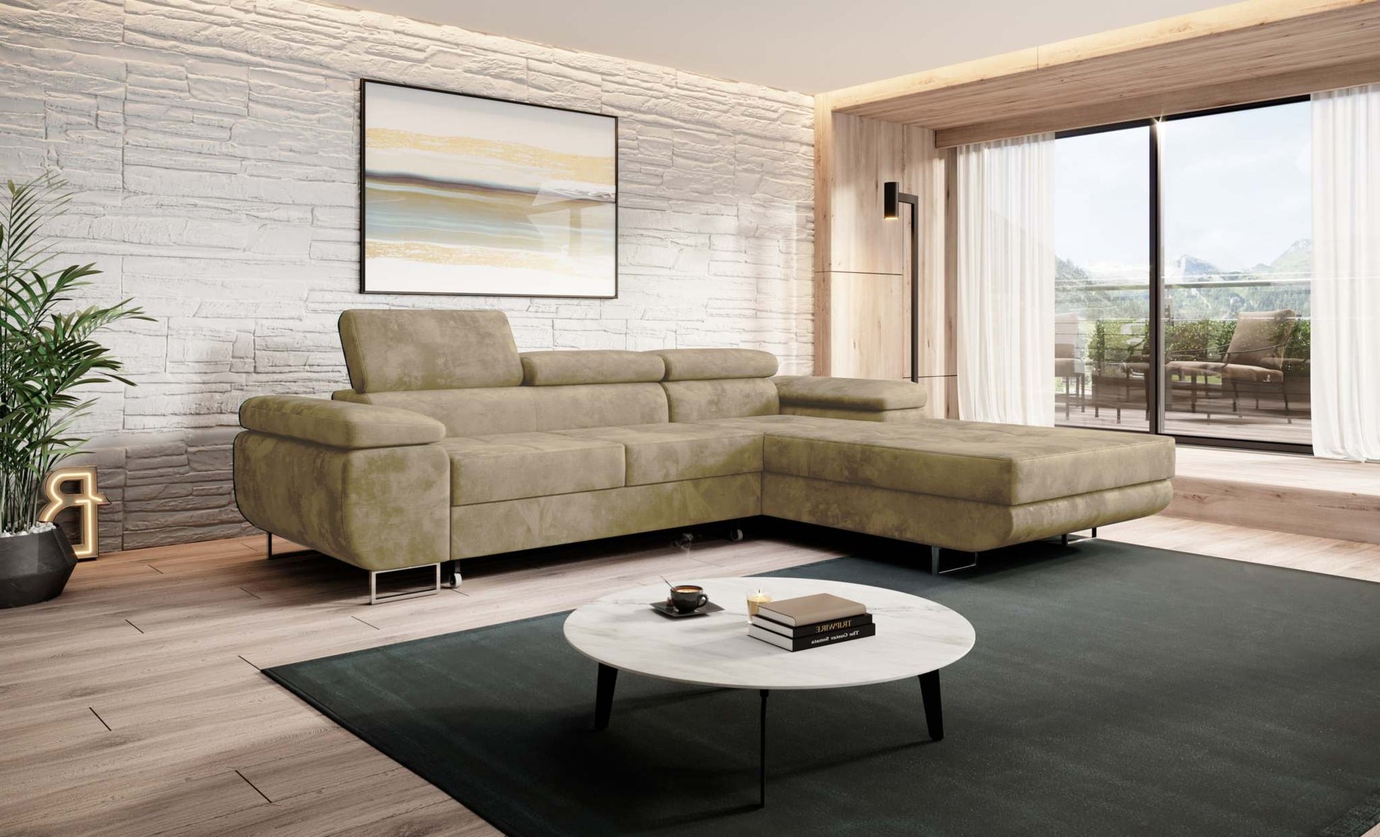 Modern NORBERG corner sofa bed with adjustable headrests in a stylish living room setting.