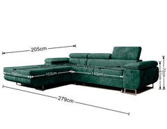 NORBERG Corner Sofa Bed in green velvet with dimensions displayed.