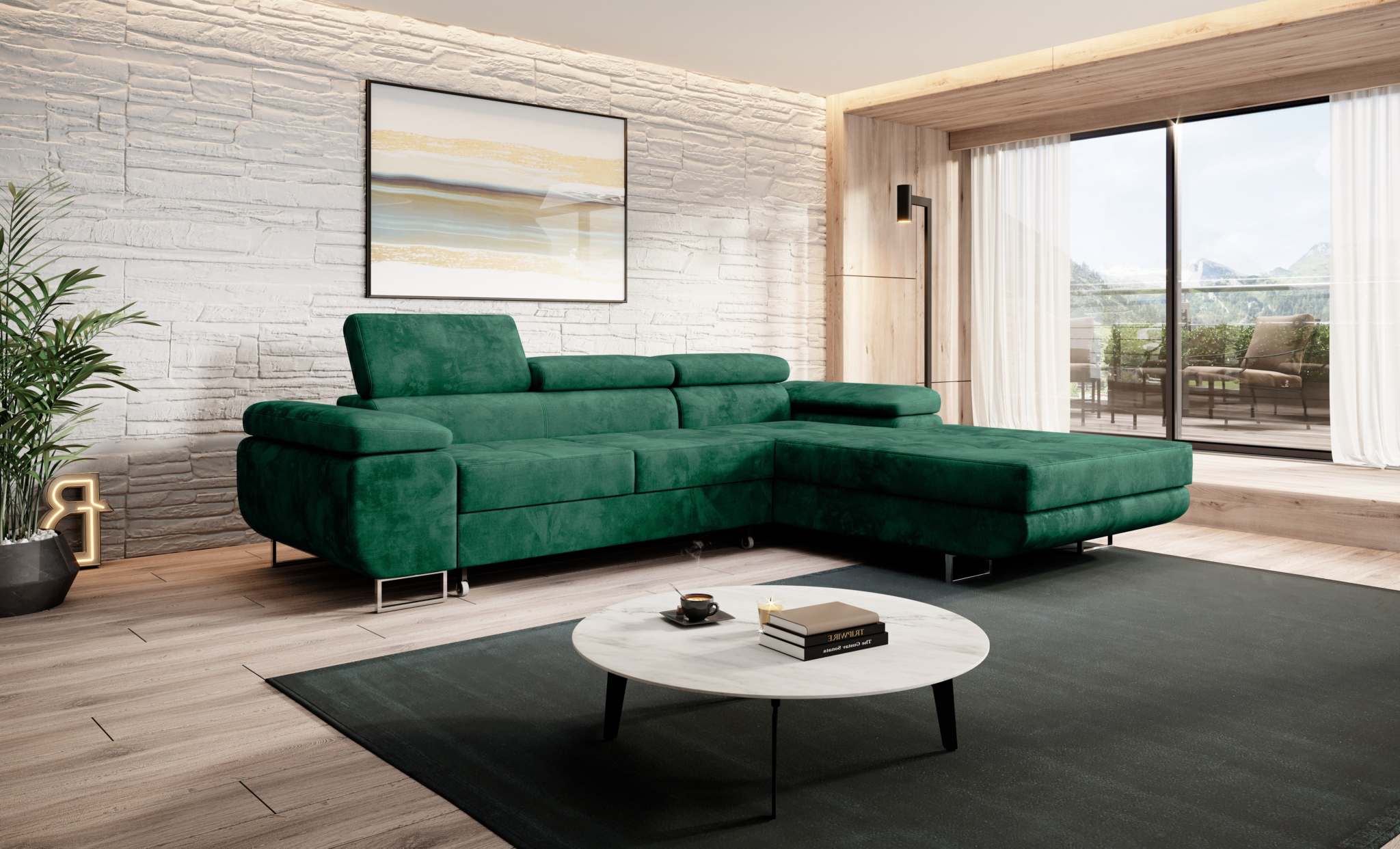 Modern Norberg corner sofa bed in green, featuring adjustable headrests, fold-out sleeping function, and sleek design in a contemporary living room setting.