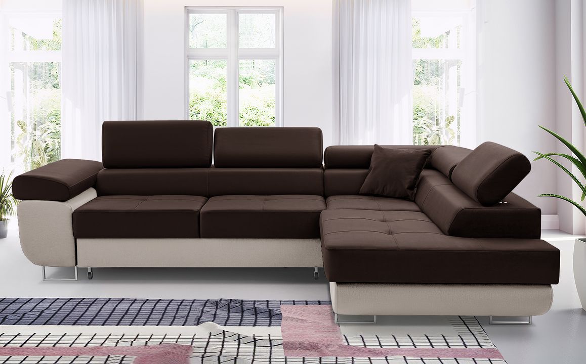 Elegant brown and beige ASTON Corner Sofa Bed in a modern living room setting.