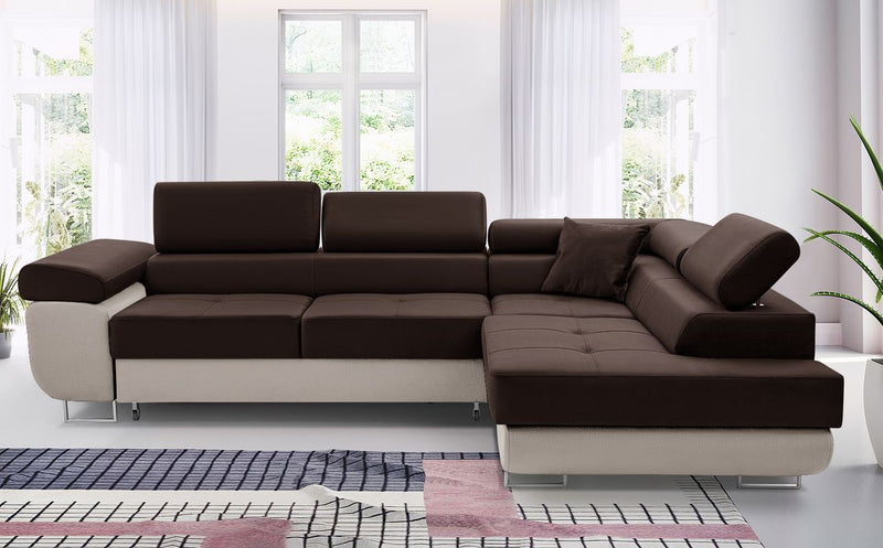 Elegant brown and beige ASTON Corner Sofa Bed in a modern living room setting.