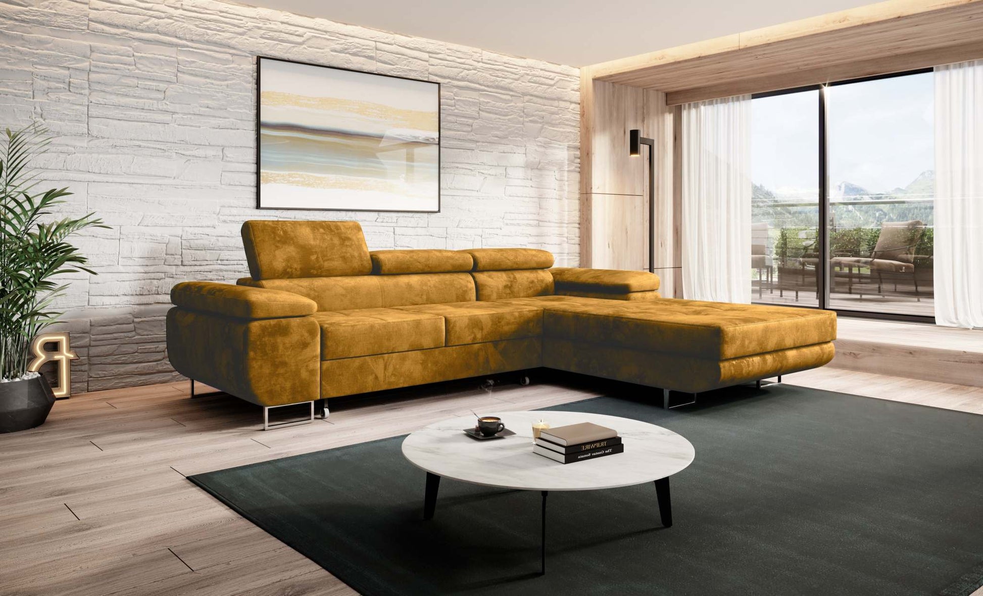NORBERG corner sofa bed in modern living room with adjustable headrests and L-shape design.