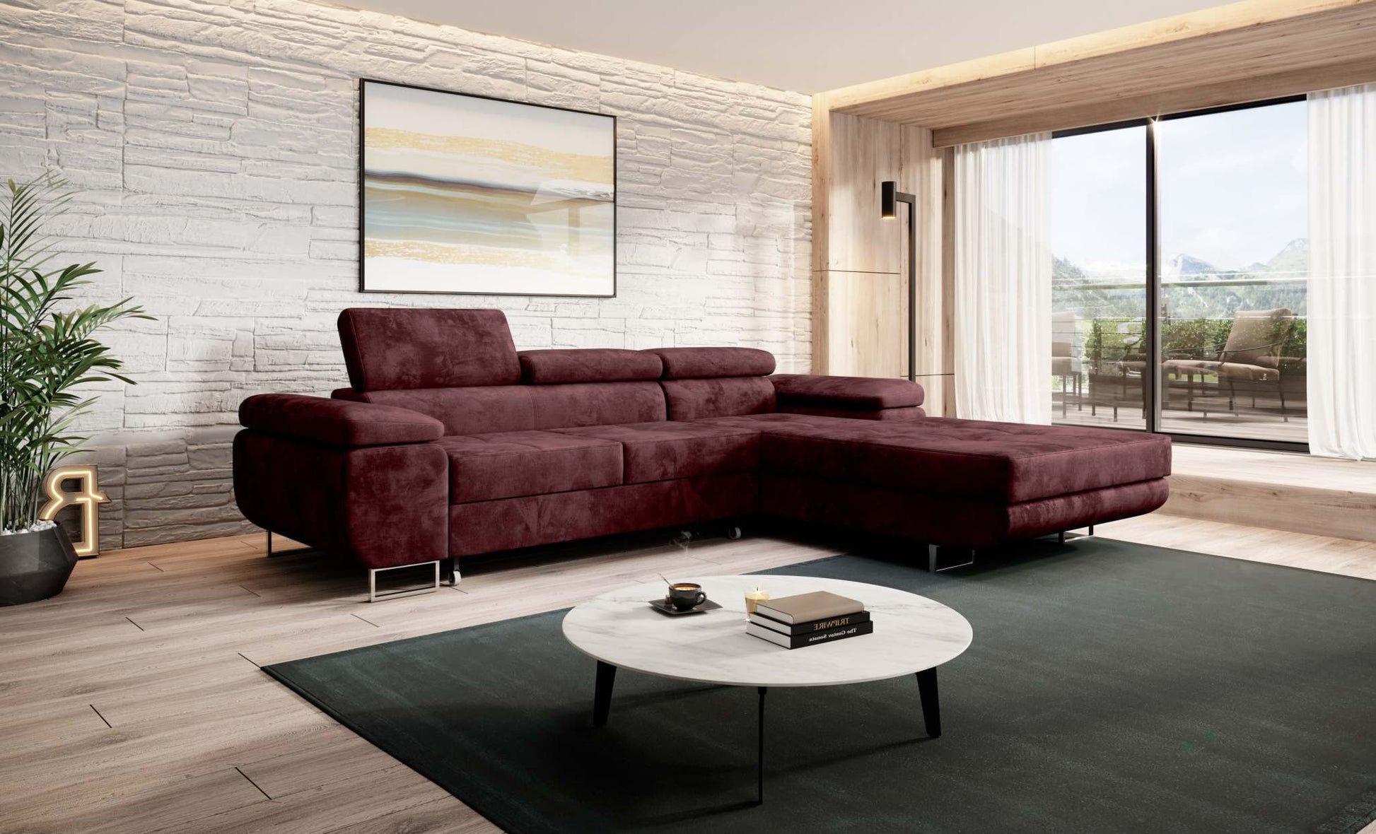 Modern Norberg corner sofa bed in spacious living room, featuring inclined armrest and adjustable headrests, stylish design, and fold-out sleeping function.