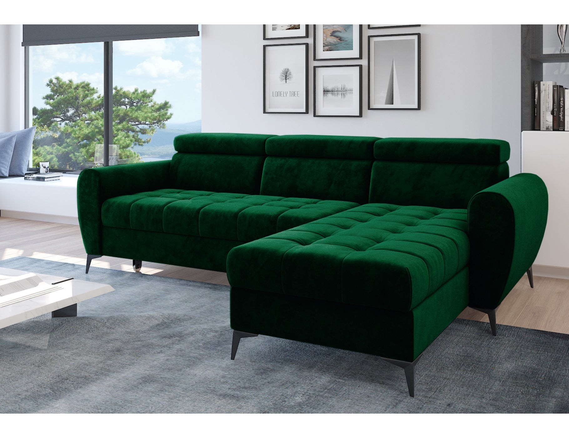 BJORN Corner Sofa Bed in green velour fabric with adjustable headrests and quilted seats.