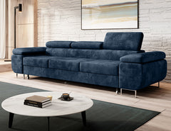 NORBERG Sofa Bed in a modern living room with minimalist design, featuring velvet upholstery and adjustable headrests.