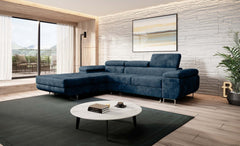 Modern Norberg corner sofa bed in navy fabric with adjustable headrests and angled armrest in a stylish living room.
