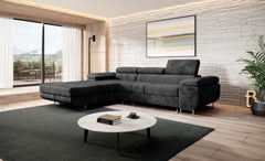 Modern Norberg corner sofa bed in a stylish living room with adjustable headrests and L-shaped design.