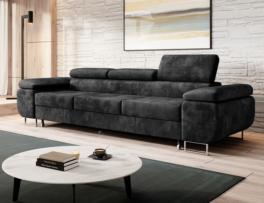 Minimalist NORBERG Sofa Bed with adjustable headrests in a modern living room setting.