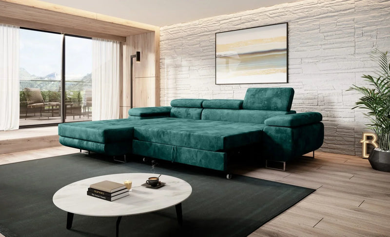 Luxurious green NORBERG corner sofa bed in modern living room with velvet fabric and automatic unfolding mechanism.