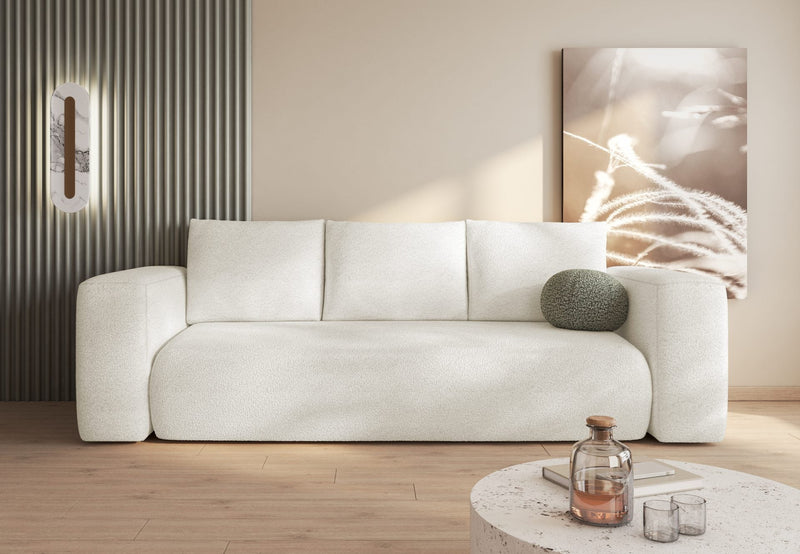LAMBI sofa bed in modern living room with high-quality boucle fabric.