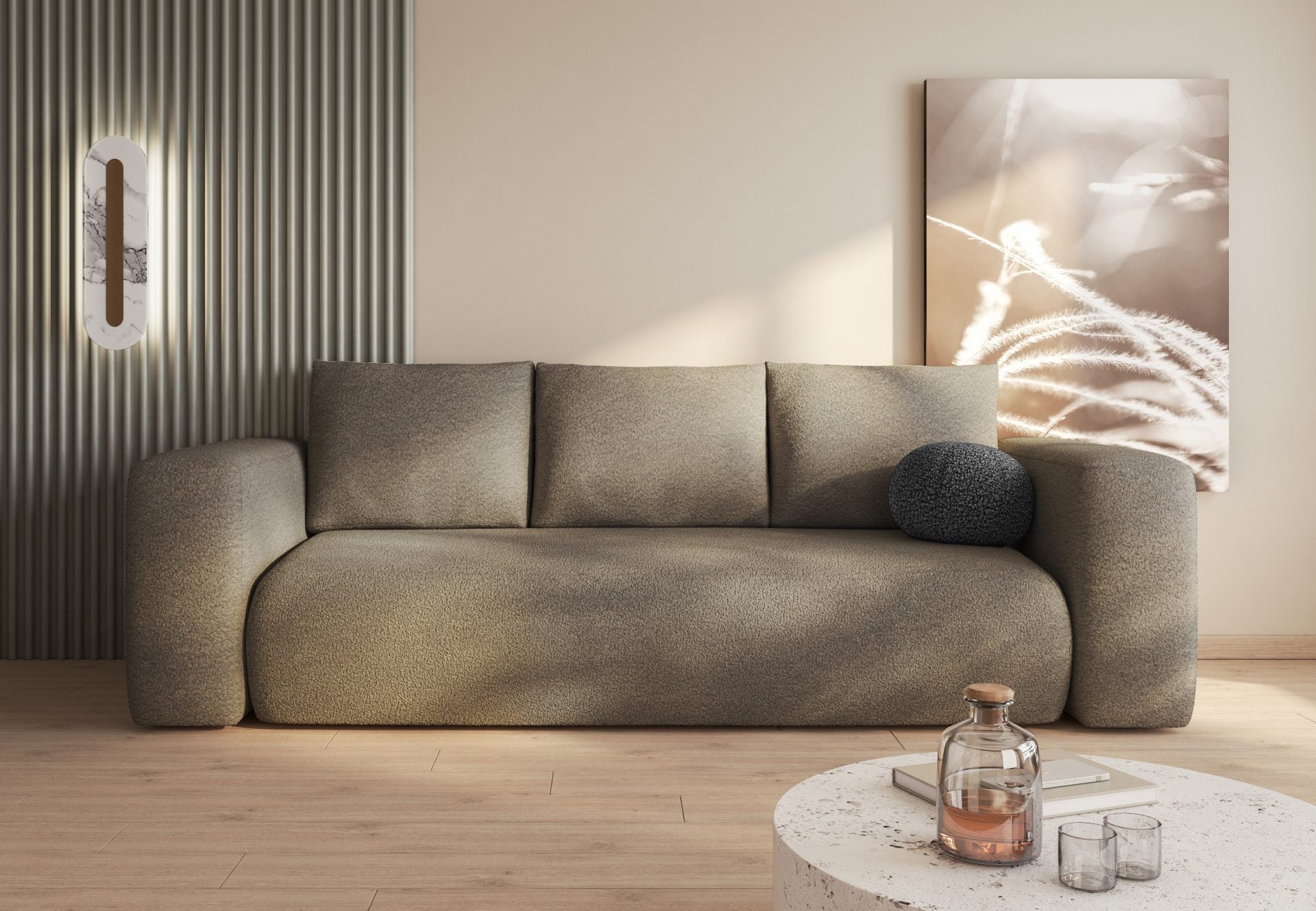 LAMBI sofa bed in a modern living room with boucle fabric.