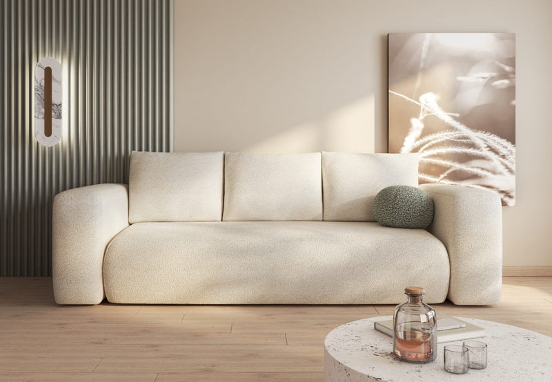LAMBI sofa bed in boucle fabric in modern living room.