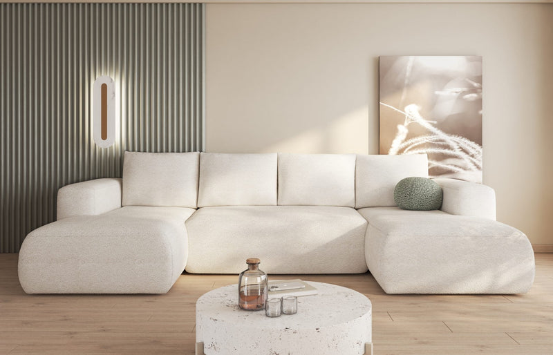 Modern Lambi U-shaped corner sofa in boucle fabric with sleeping function.