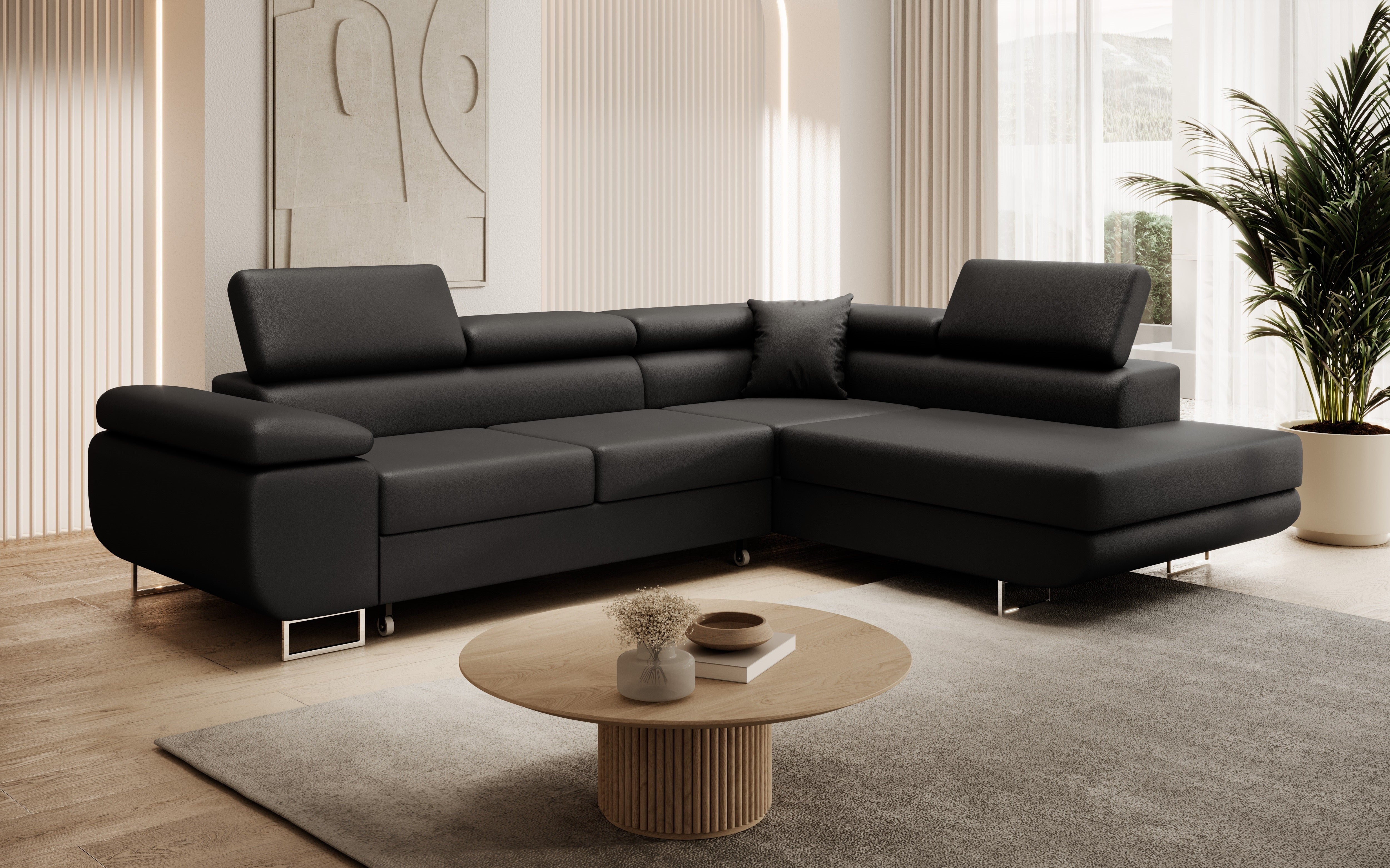 ASTON Corner Sofa Bed in black with adjustable headrests and wave springs for enhanced comfort, elegant and functional design suitable for modern interiors.