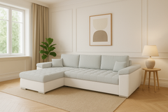 Vegas Corner Sofa Bed in a modern living room setting with neutral tones.