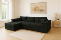 Vegas Corner Sofa Bed with black upholstery in modern living room.
