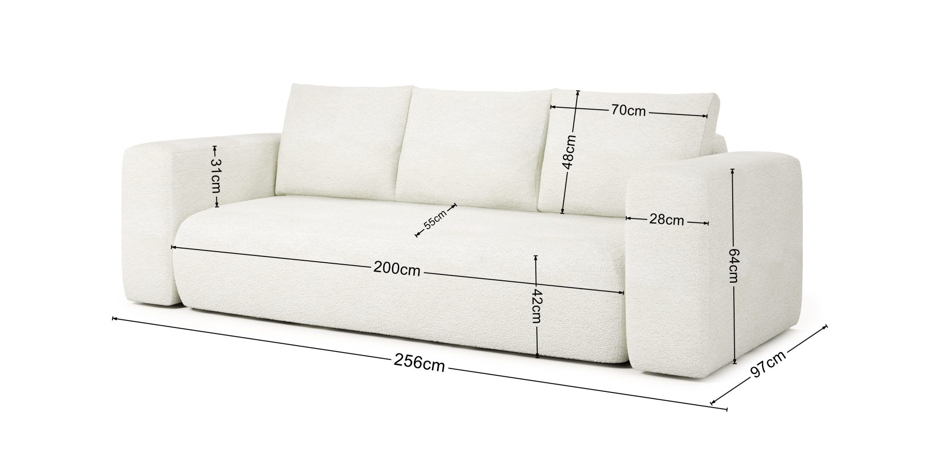 White LAMBI sofa bed in boucle fabric with sleeping function, modern design.