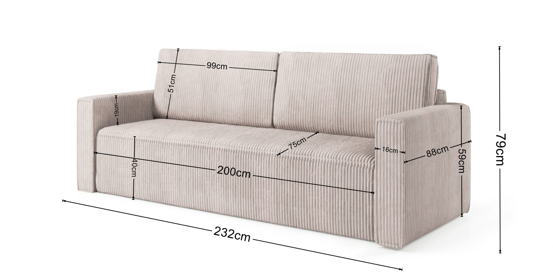 MIMIR Sofa Bed with corduroy fabric, folding function, and large storage container.