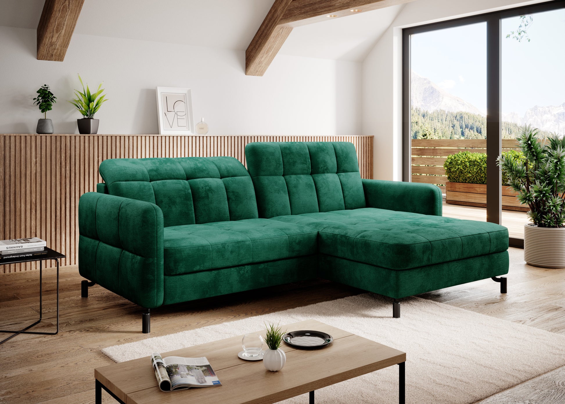 Elegant green LORELLE Corner Sofa Bed in stylish living room with natural light.