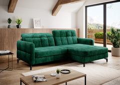 Elegant green LORELLE Corner Sofa Bed in stylish living room with natural light.