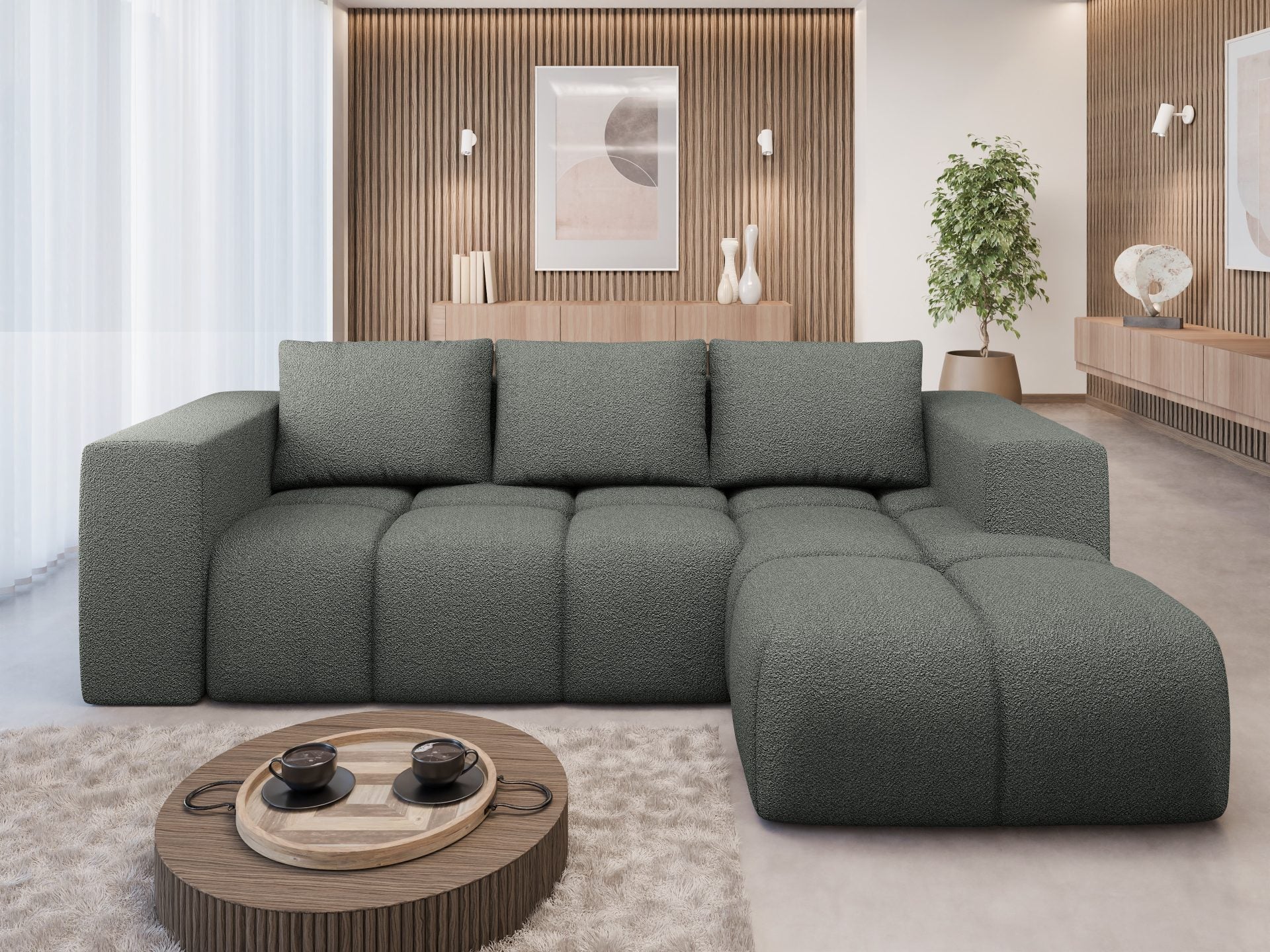 FLAVIO Corner Sofa Bed in a modern living room setting.