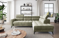 BJORN L Corner Sofa Bed in modern living room, green velour fabric, adjustable headrests.