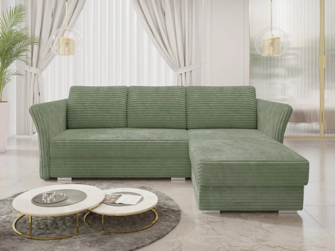 Luxurious green corner sofa bed in a modern living room with plush corduroy fabric.