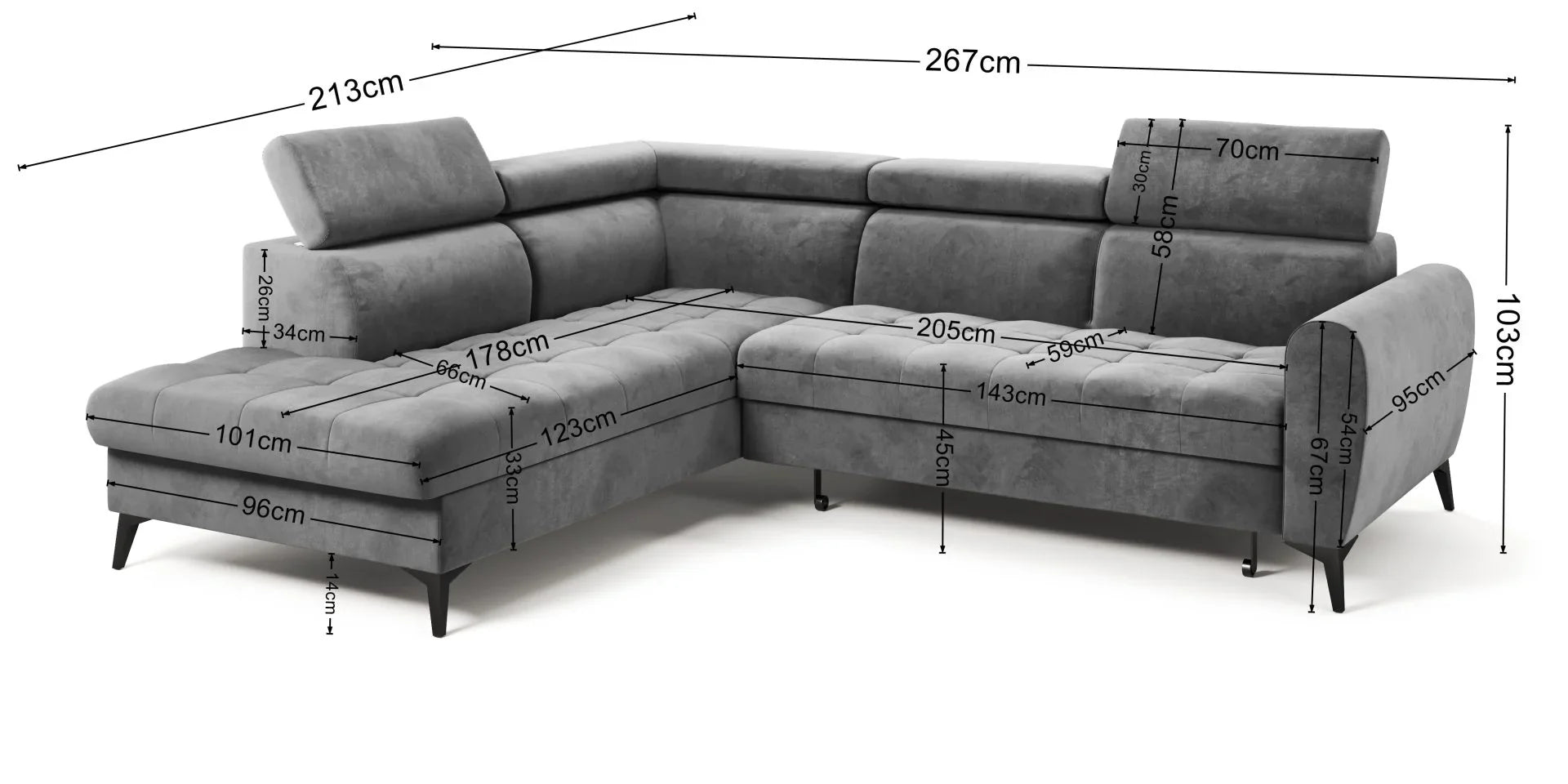 Gray BJORN L corner sofa bed with adjustable headrests and high metal legs, featuring quilted seats and a spacious design, ideal for modern living rooms.