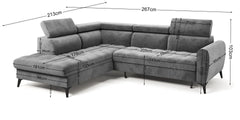 Gray BJORN L corner sofa bed with adjustable headrests and high metal legs, featuring quilted seats and a spacious design, ideal for modern living rooms.