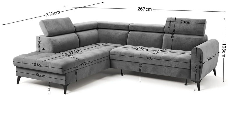 Gray BJORN L corner sofa bed with adjustable headrests and high metal legs, featuring quilted seats and a spacious design, ideal for modern living rooms.