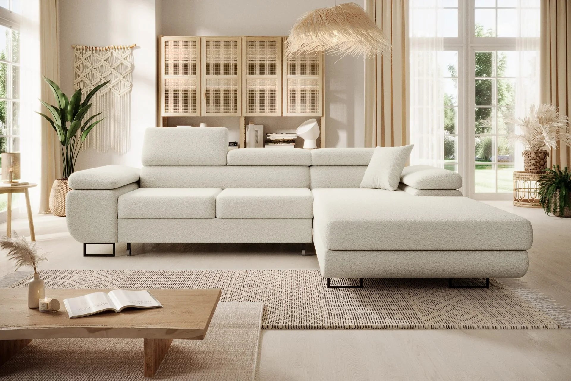 Luxurious NORBERG Corner Sofa Bed in boucle fabric, set in an elegant living room.