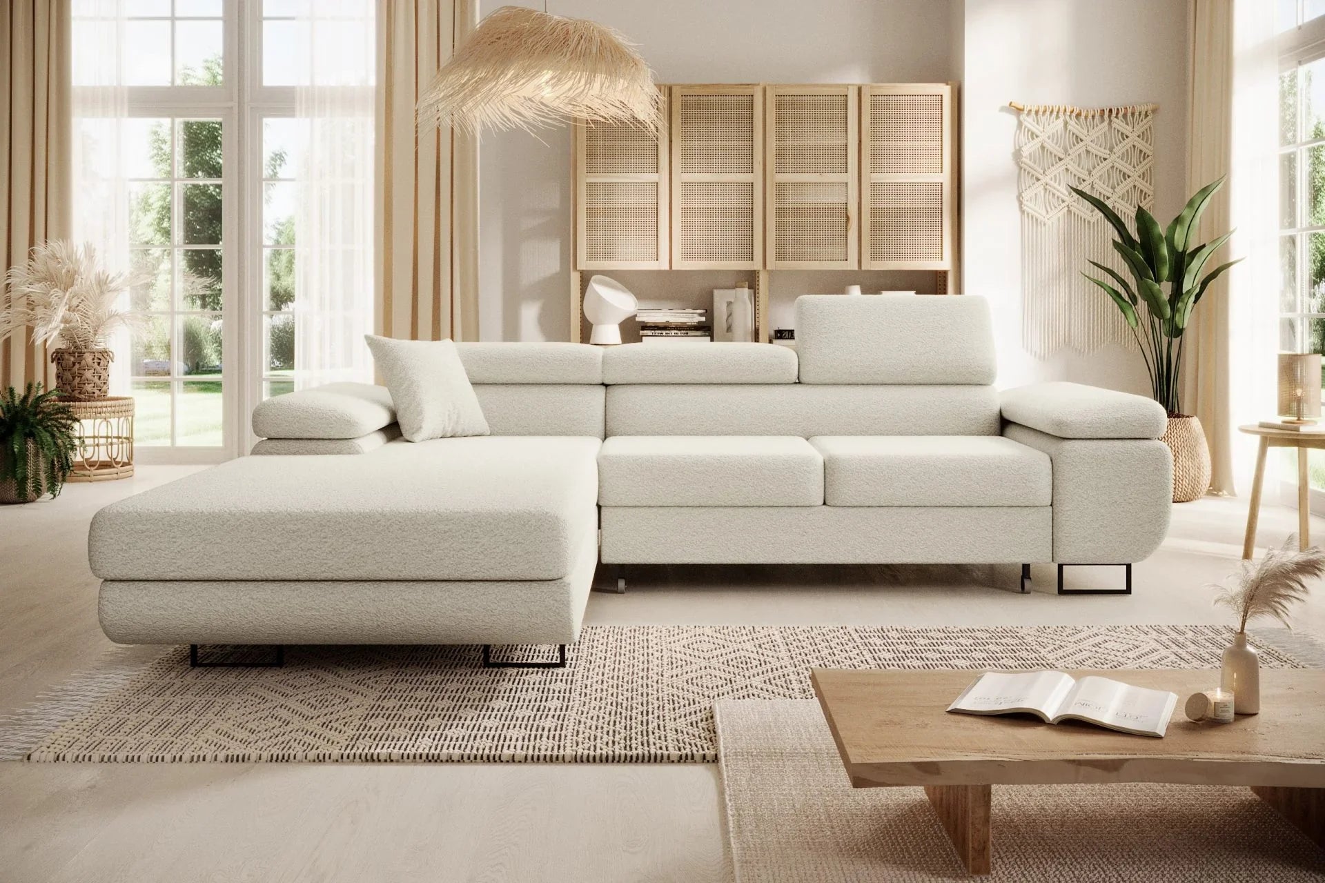 Luxurious NORBERG Corner Sofa Bed in boucle fabric, stylish and versatile design.