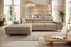 Luxurious NORBERG Corner Sofa Bed in boucle fabric in a stylish living room setting.