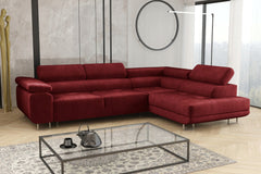 ASTON Corner Sofa Bed in elegant living room setup, showcasing red upholstery with adjustable headrests and modern design.