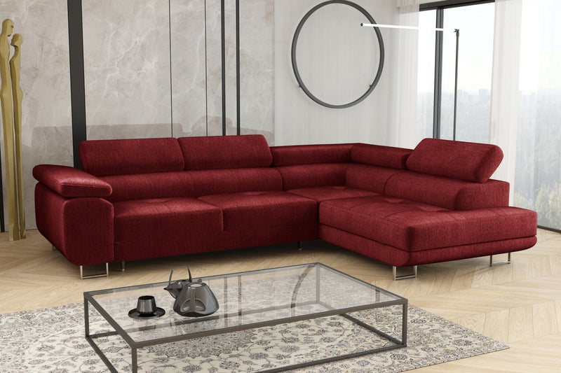 ASTON Corner Sofa Bed in elegant living room setup, showcasing red upholstery with adjustable headrests and modern design.