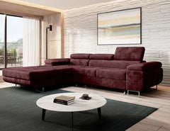 NORBERG Corner Sofa in luxurious velvet fabric, elegant design with automatic unfolding mechanism in modern living space.