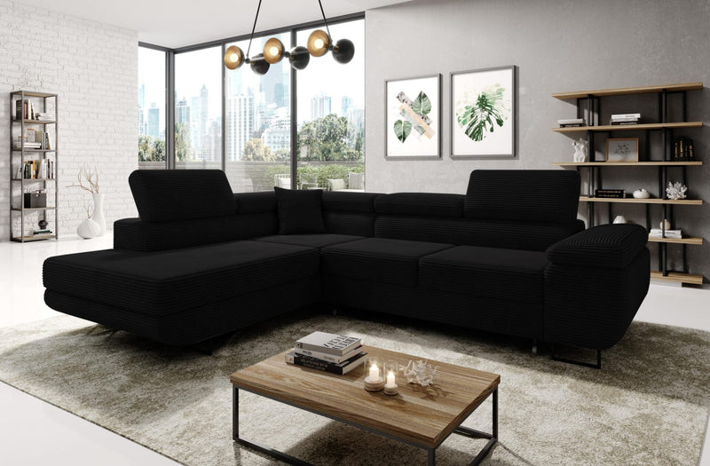 ASTROP Corner Sofa Bed in black corduroy upholstery in a modern living room setting.