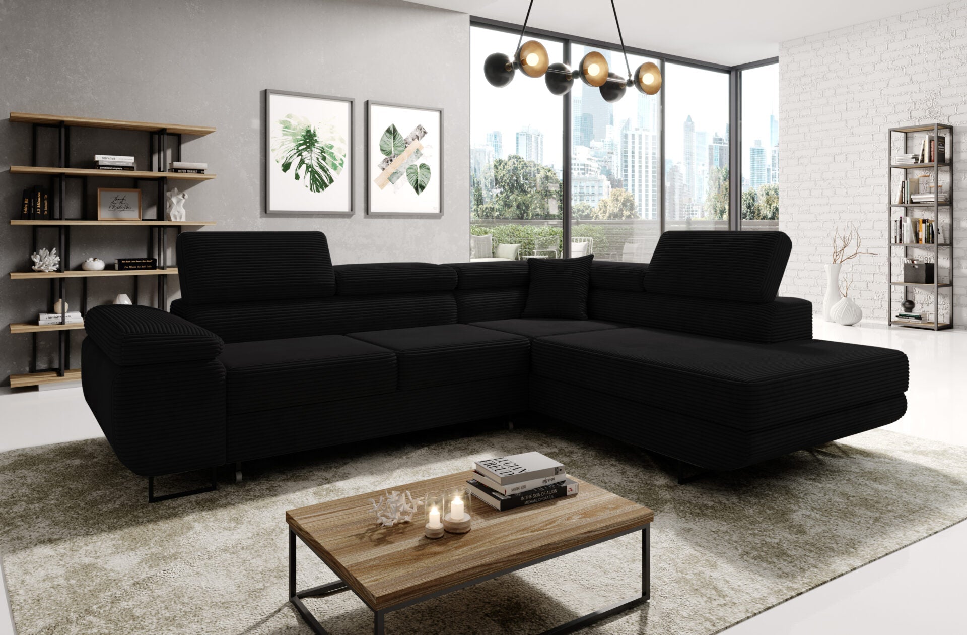 Black ASTROP Corner Sofa Bed in modern living room with stylish decor.