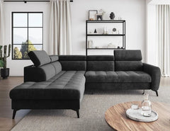 BJORN L Corner Sofa Bed in modern living room, featuring adjustable headrests and hydrophobic velour fabric with high metal legs.