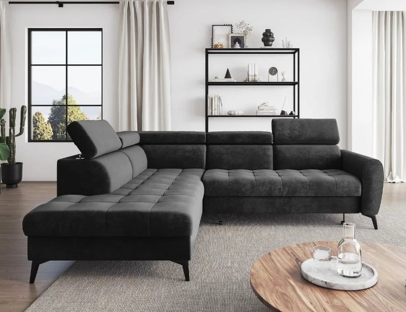 BJORN L Corner Sofa Bed in modern living room, featuring adjustable headrests and hydrophobic velour fabric with high metal legs.