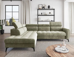 BJORN L modern corner sofa bed in green velour fabric with adjustable headrests and quilted seats.