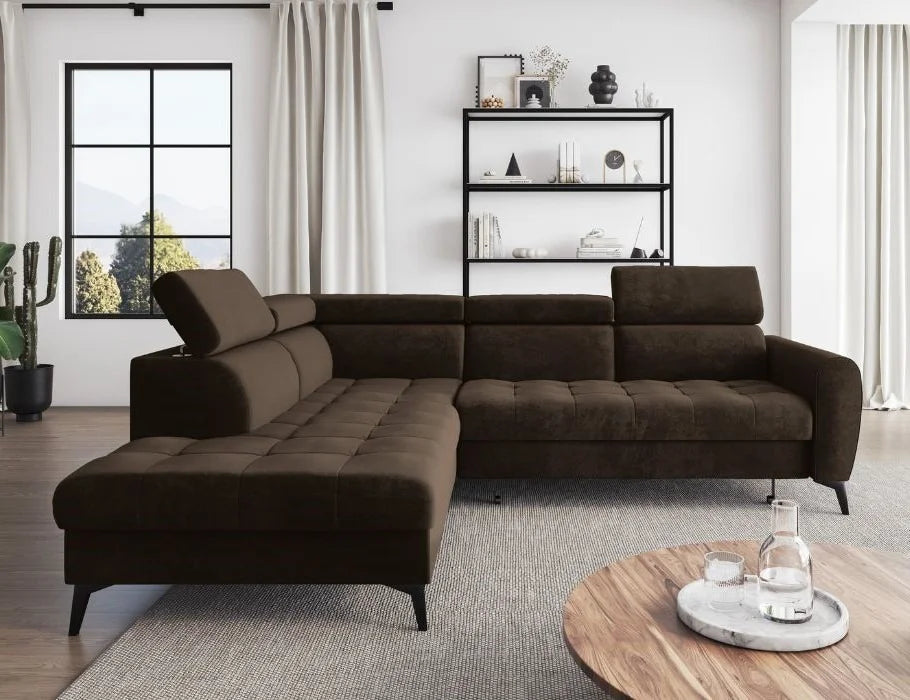 Modern Bjorn L corner sofa bed in velour fabric with adjustable headrests.
