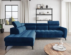 BJORN L corner sofa bed in blue velour fabric with adjustable headrests and metal legs, set in a modern living room.