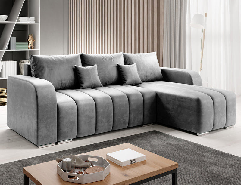PUFETTO Corner Sofa Bed in stylish gray fabric in a modern living room setting.