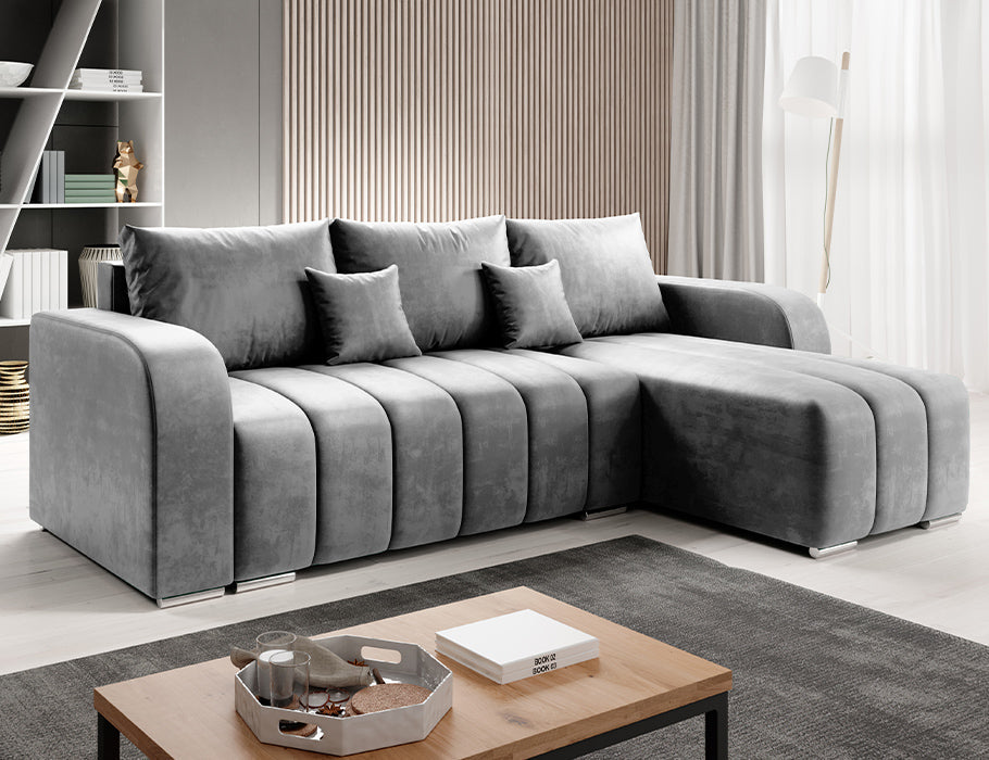 PUFETTO Corner Sofa Bed in stylish gray fabric in a modern living room setting.