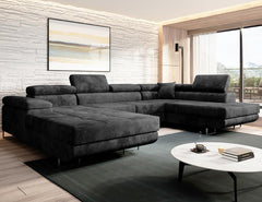Luxurious VARBERG U-corner sofa in velvet fabric with headrests in a stylish living room setting.